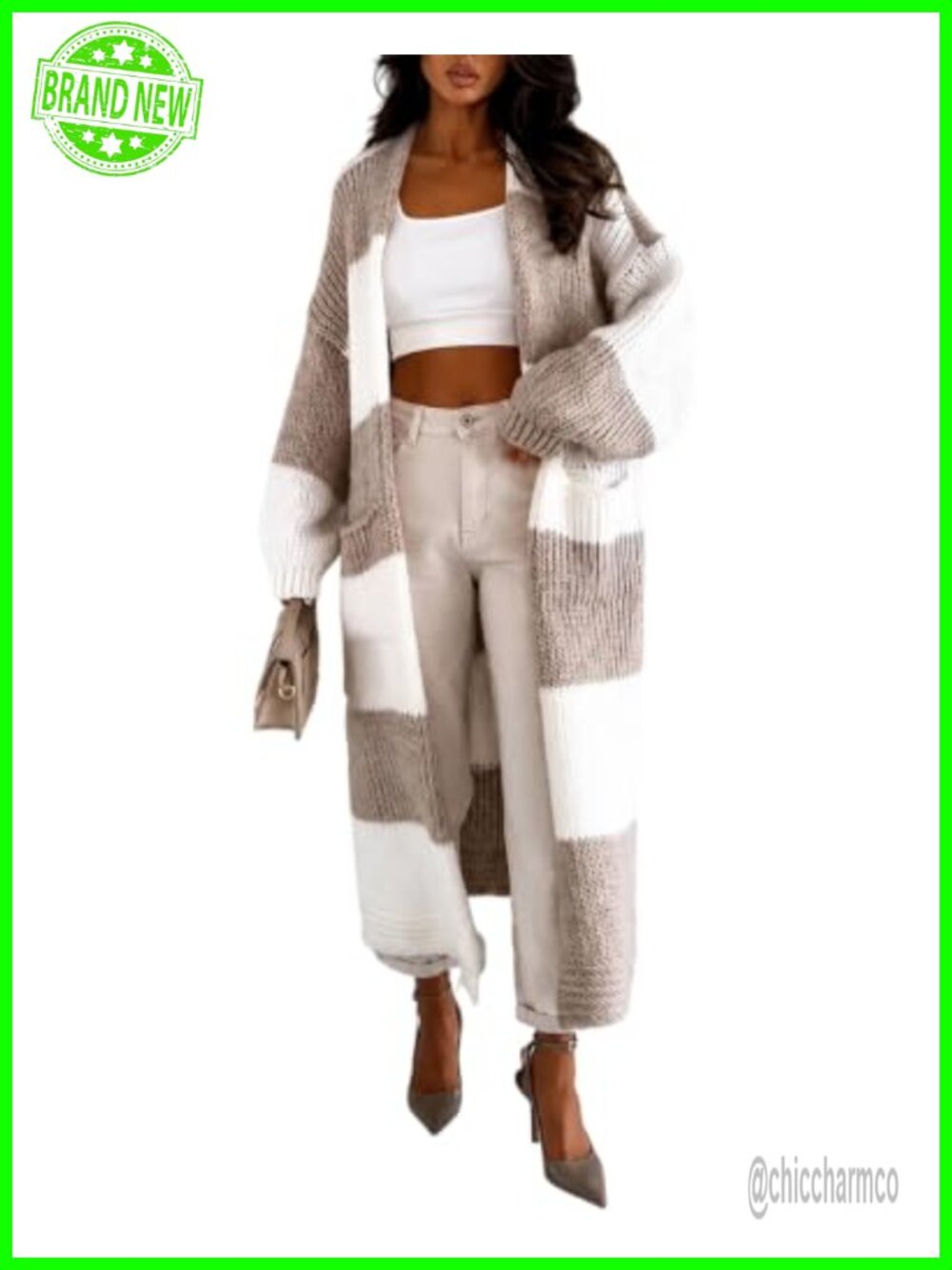 Open Front Oversized Long Knit Cardigan Sweater with Pockets Checkered Lantern